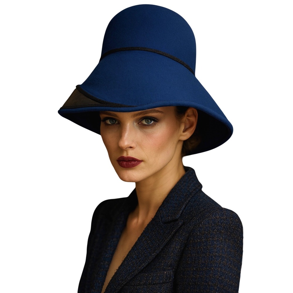 Vintage Royal Blue Wide Brim Wool Felt Hat with Black Trim Occasion Formal